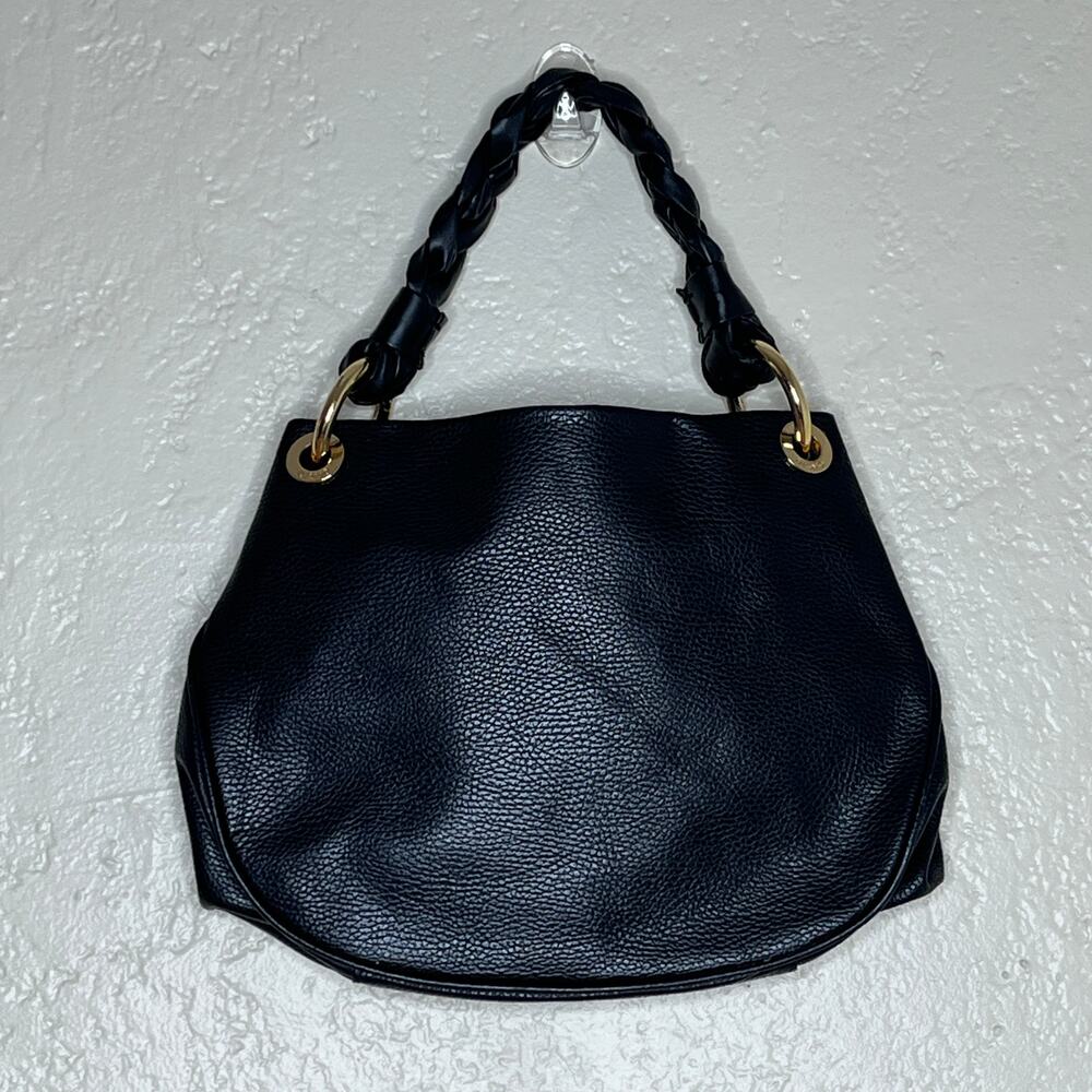 DESMO Italian Pebbled Leather Shoulder Bag Black Gold Hardware